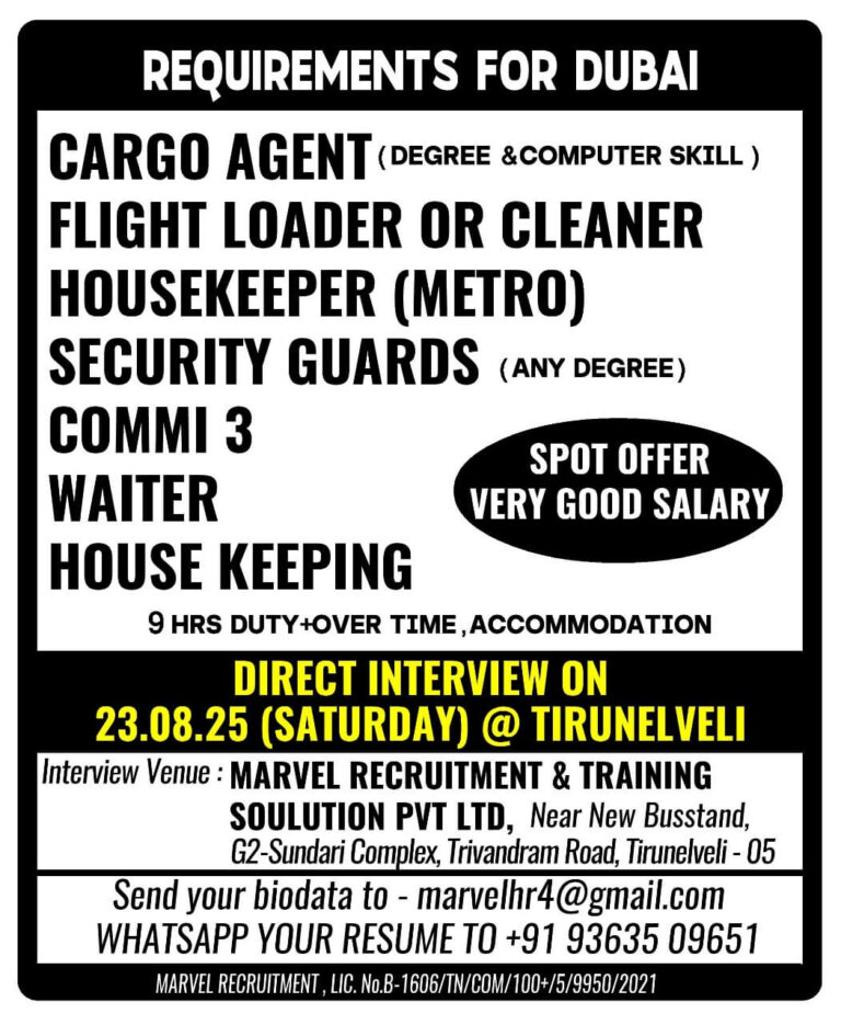Dubai Job Openings 2025 – Direct Interview in Tirunelveli