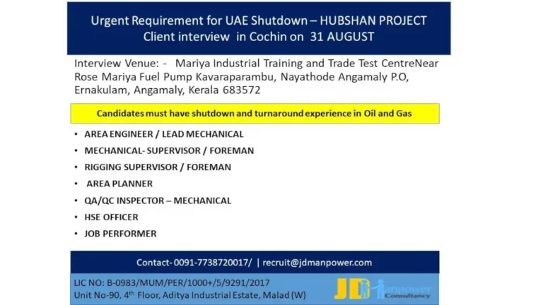 Urgent Requirement for UAE Shutdown – Hubshan Project