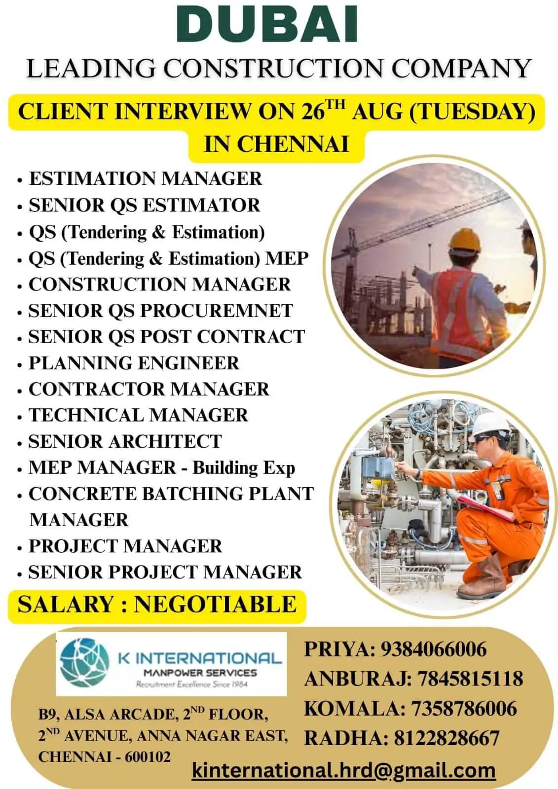 Dubai Leading Construction Company Hiring – Walk-in Interview in Chennai