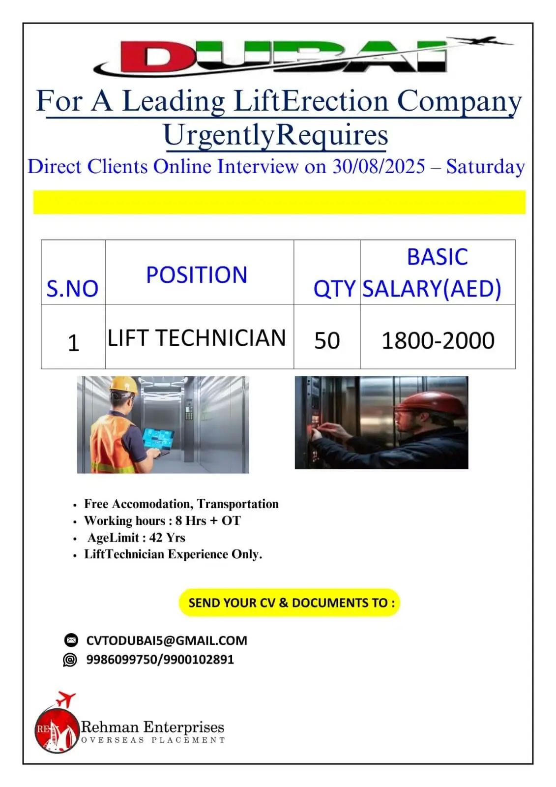 Dubai Lift Technician Jobs 2025 – Apply Online