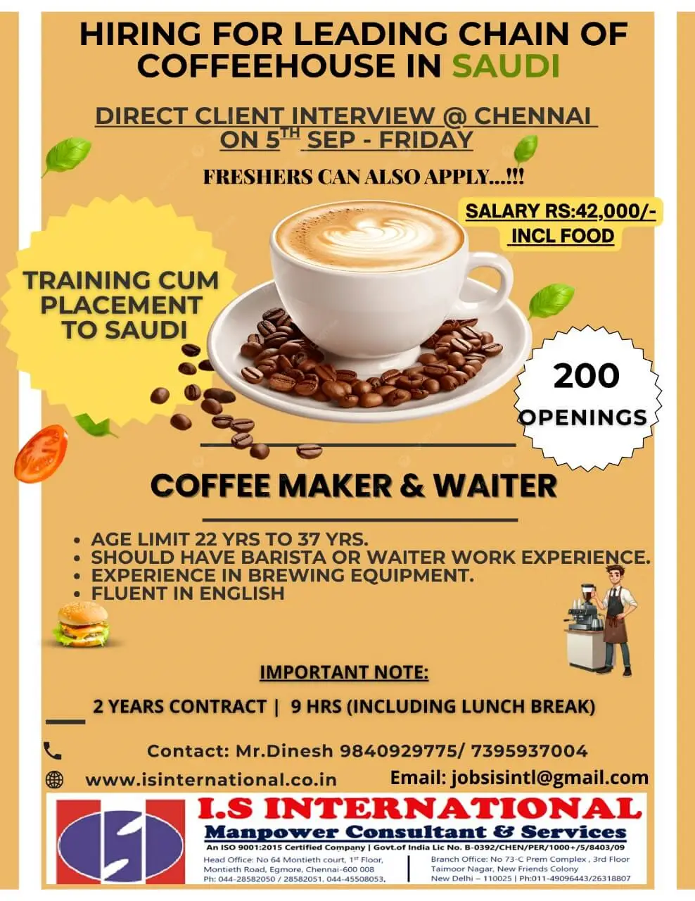 Coffee Maker & Waiter Jobs in Saudi Arabia | Direct Interview in Chennai