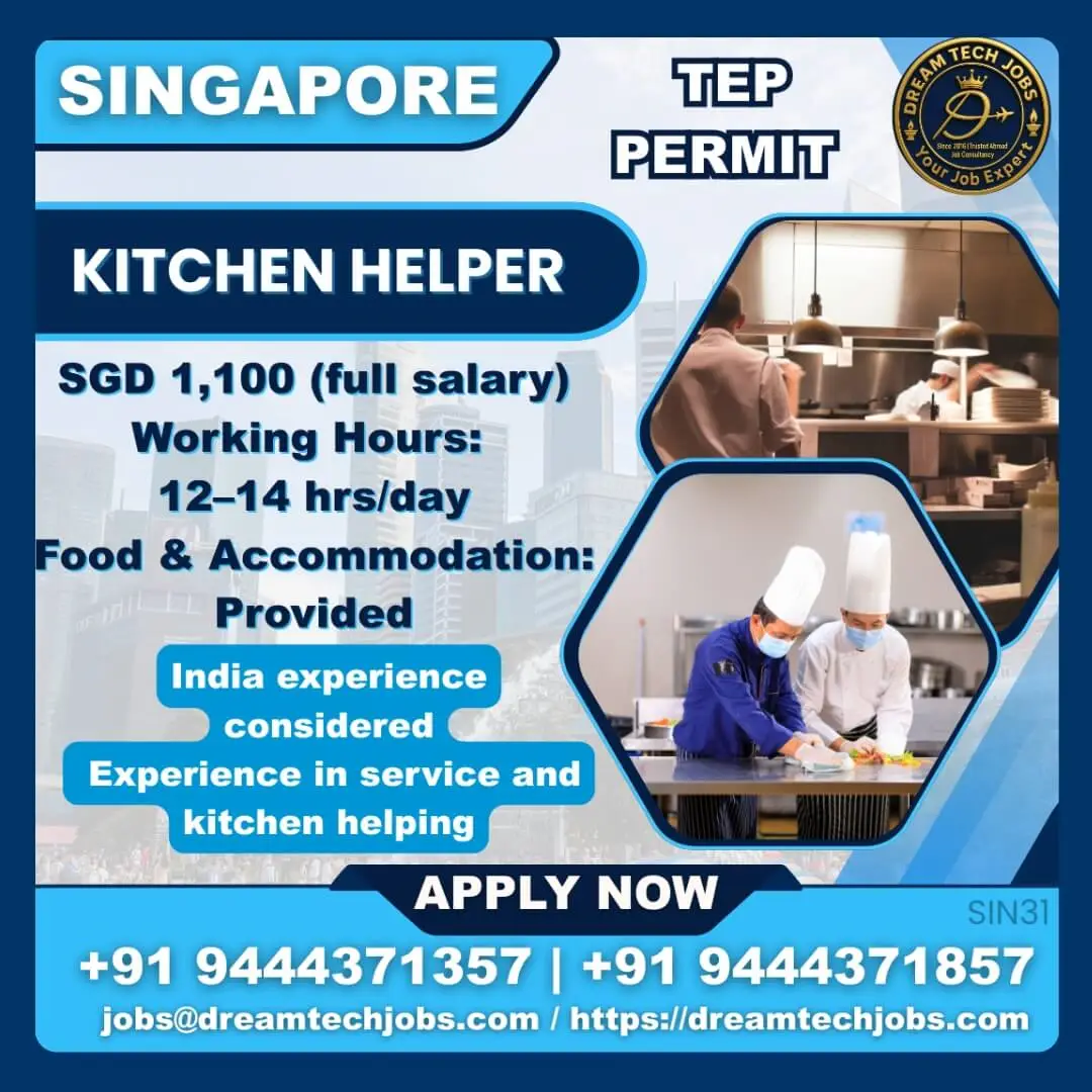 Kitchen Helper Job in Singapore with Provided Accommodation