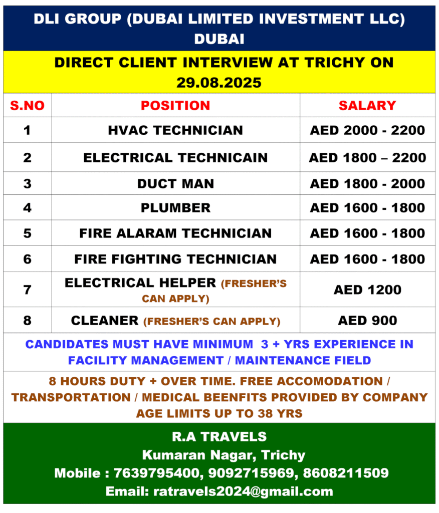 DLI Group Recruits in Trichy for Dubai Positions
