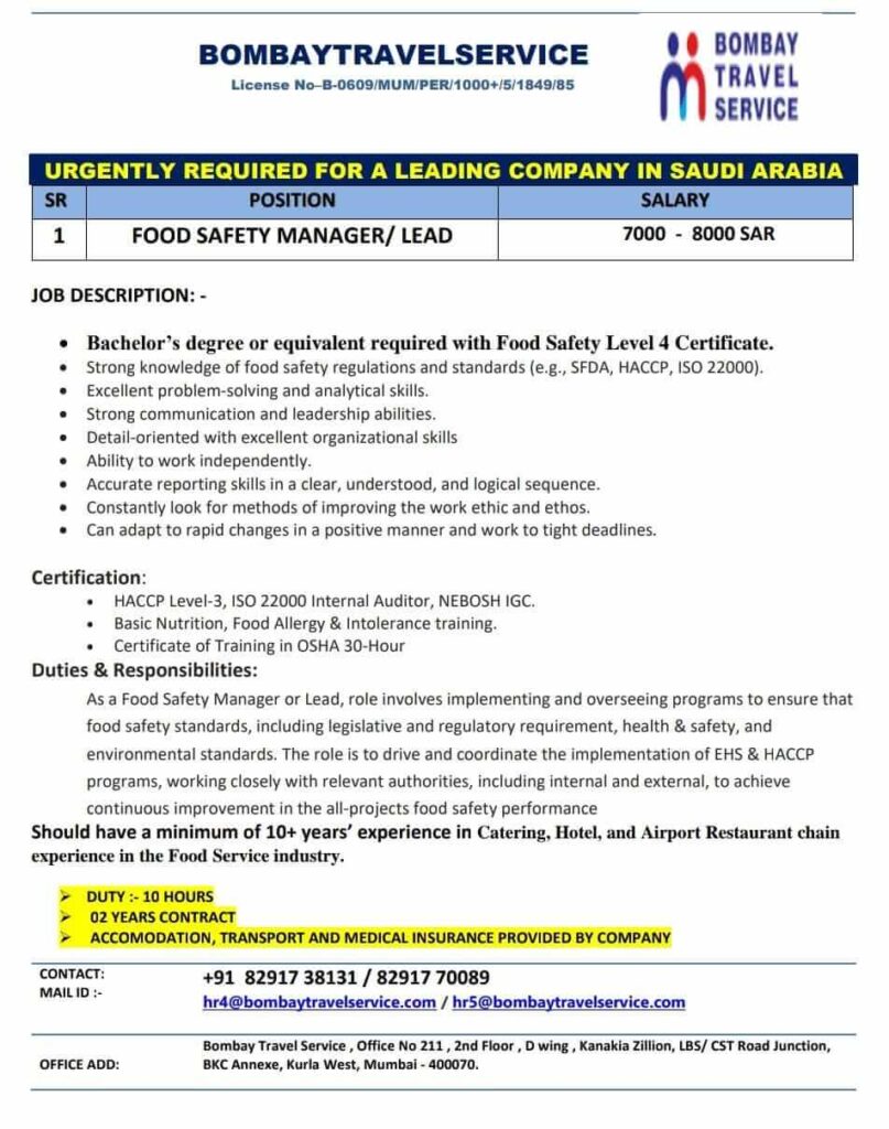 Food Safety Manager Jobs in Saudi Arabia