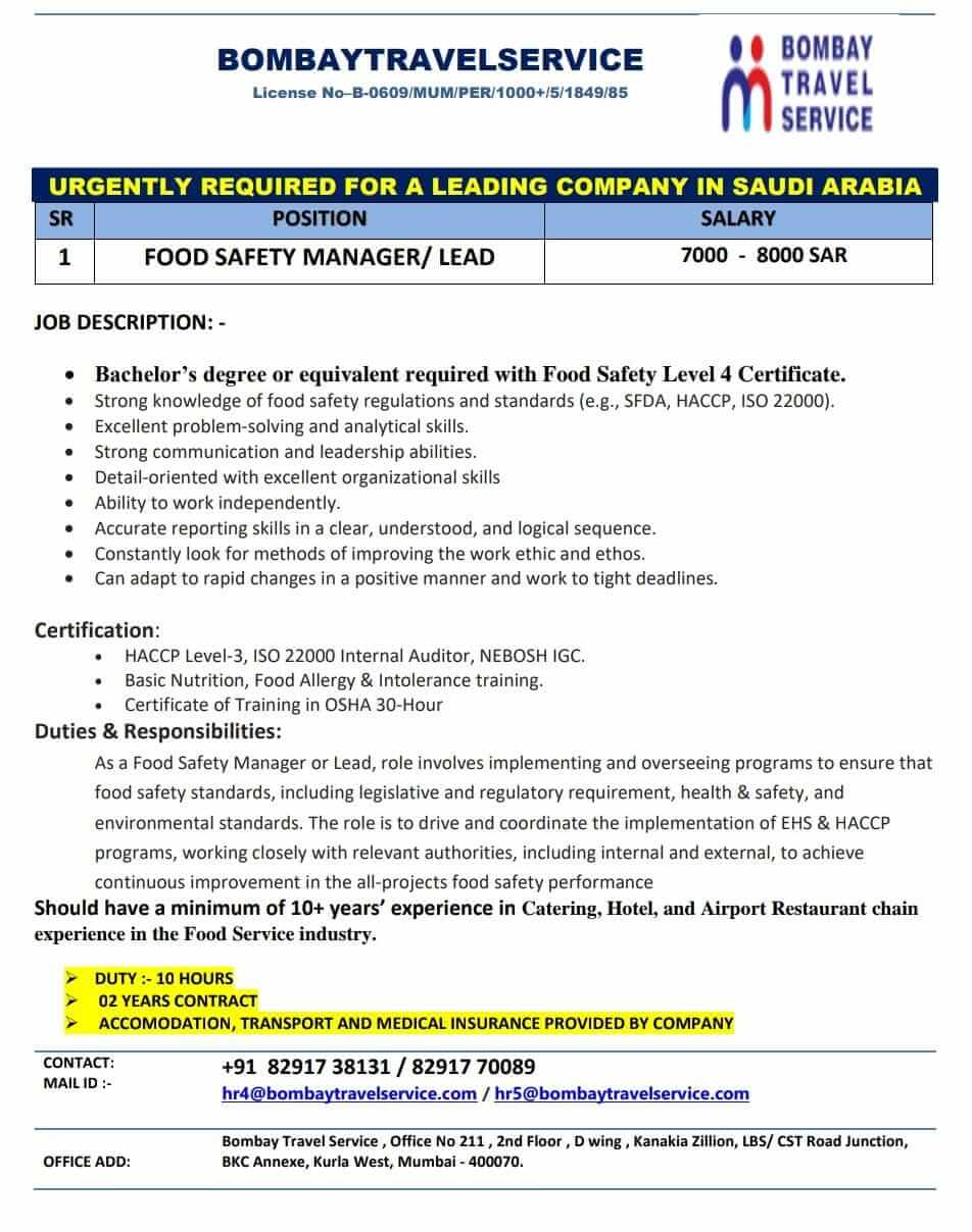 Food Safety Manager Jobs in Saudi Arabia