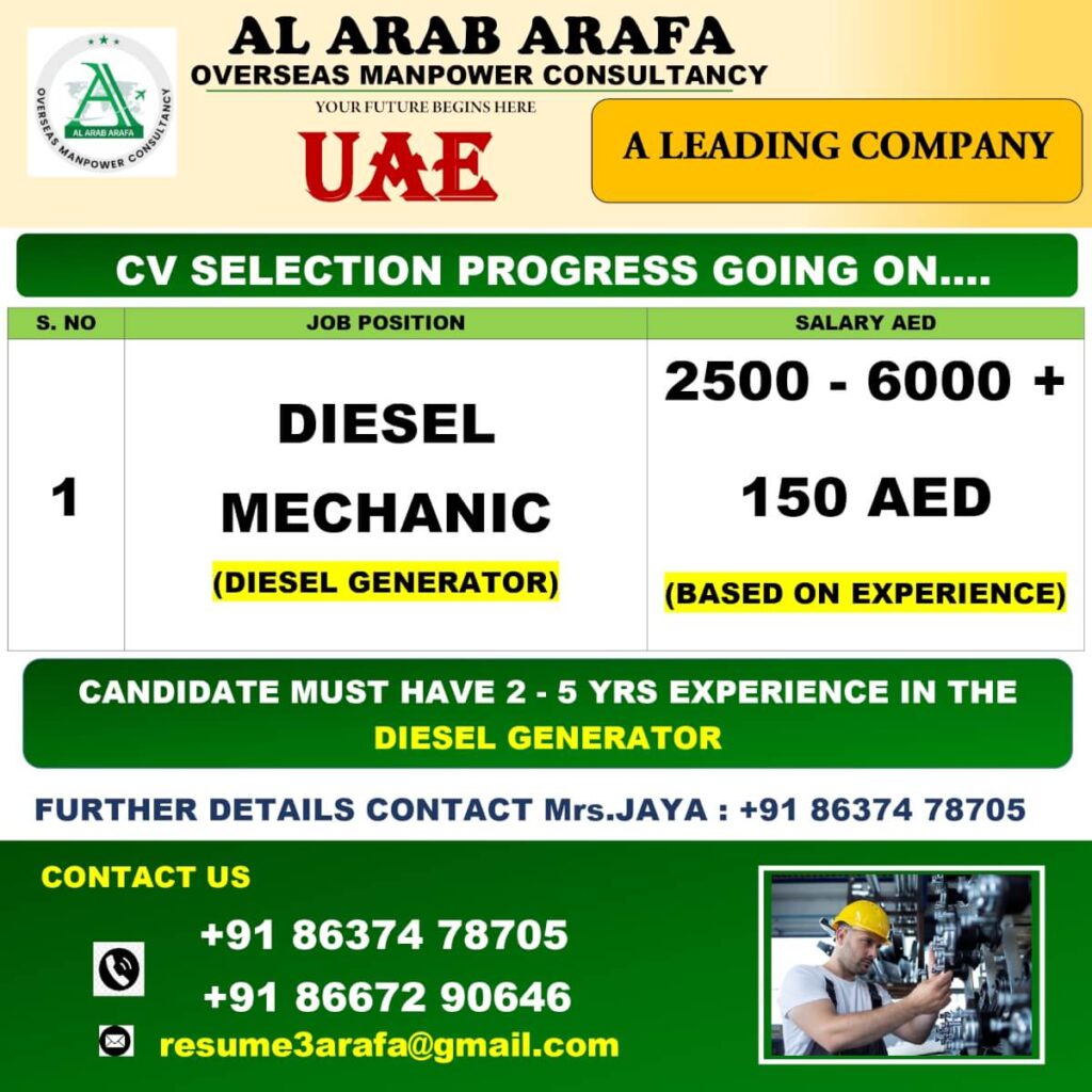 Diesel Generator Mechanic Jobs UAE 2025 – Apply Now 1 Diesel Generator Mechanic Jobs UAE