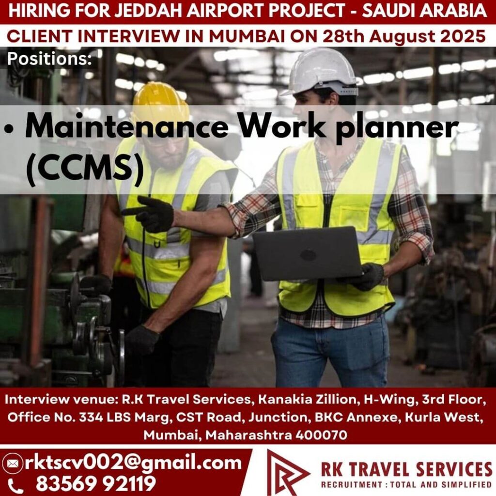 Jeddah Airport Project Jobs | Maintenance Work Planner (CCMS) – Client Interview in Mumbai