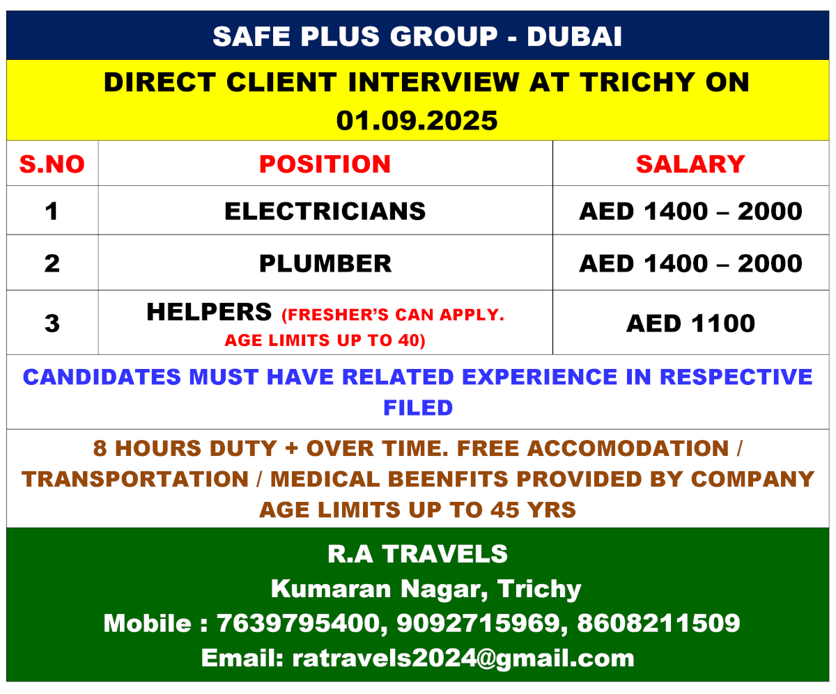 Safe Plus Group Dubai Client Interview Jobs 2025 recruitment notification for electricians, plumbers, and helpers.
