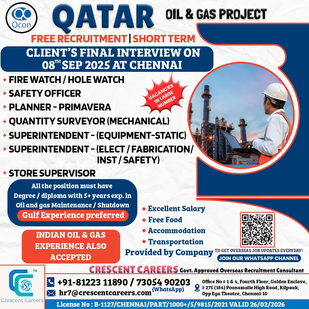 Qatar Oil & Gas Jobs 2025 – Walk-in Interview Chennai