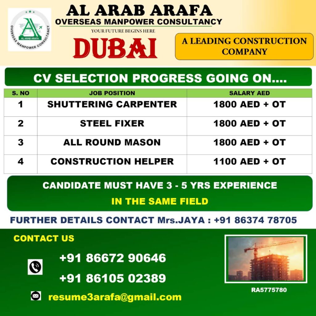 Dubai construction jobs CV selection with salary details for carpenters, masons, steel fixers, and helpers.