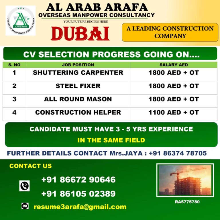 Dubai construction jobs CV selection with salary details for carpenters, masons, steel fixers, and helpers.