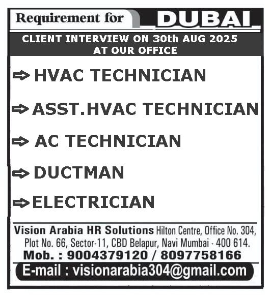 Dubai Technician Jobs Interview 2025 – HVAC, AC, Electrician