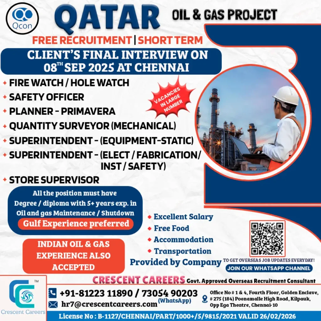 Qatar Oil & Gas Project Jobs – Final Interview in Chennai on 08 Sep 2025