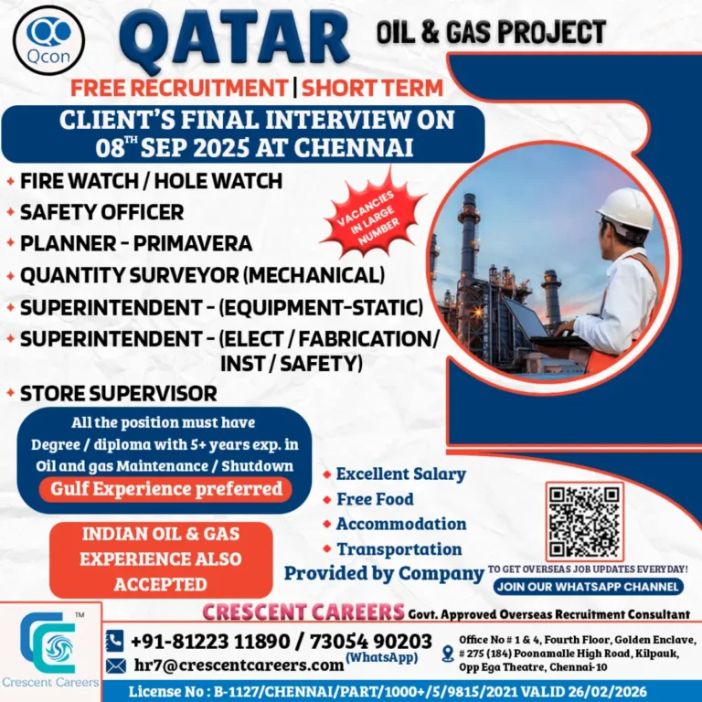 Qatar Oil & Gas Project Jobs – Final Interview in Chennai on 08 Sep 2025