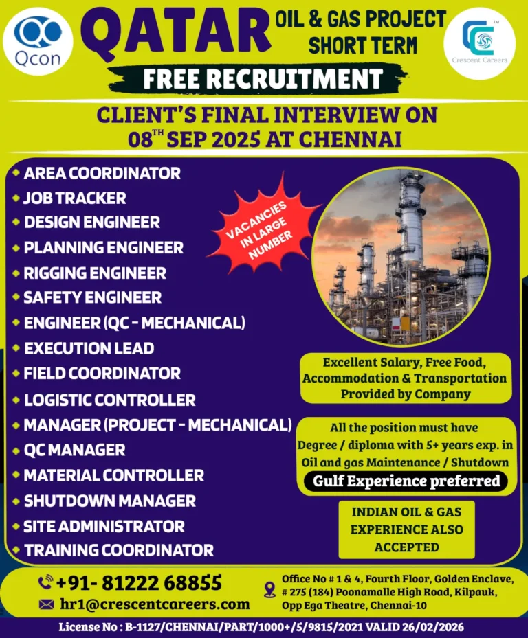 Qatar Oil & Gas Jobs 2025 – Free Recruitment Interview in Chennai