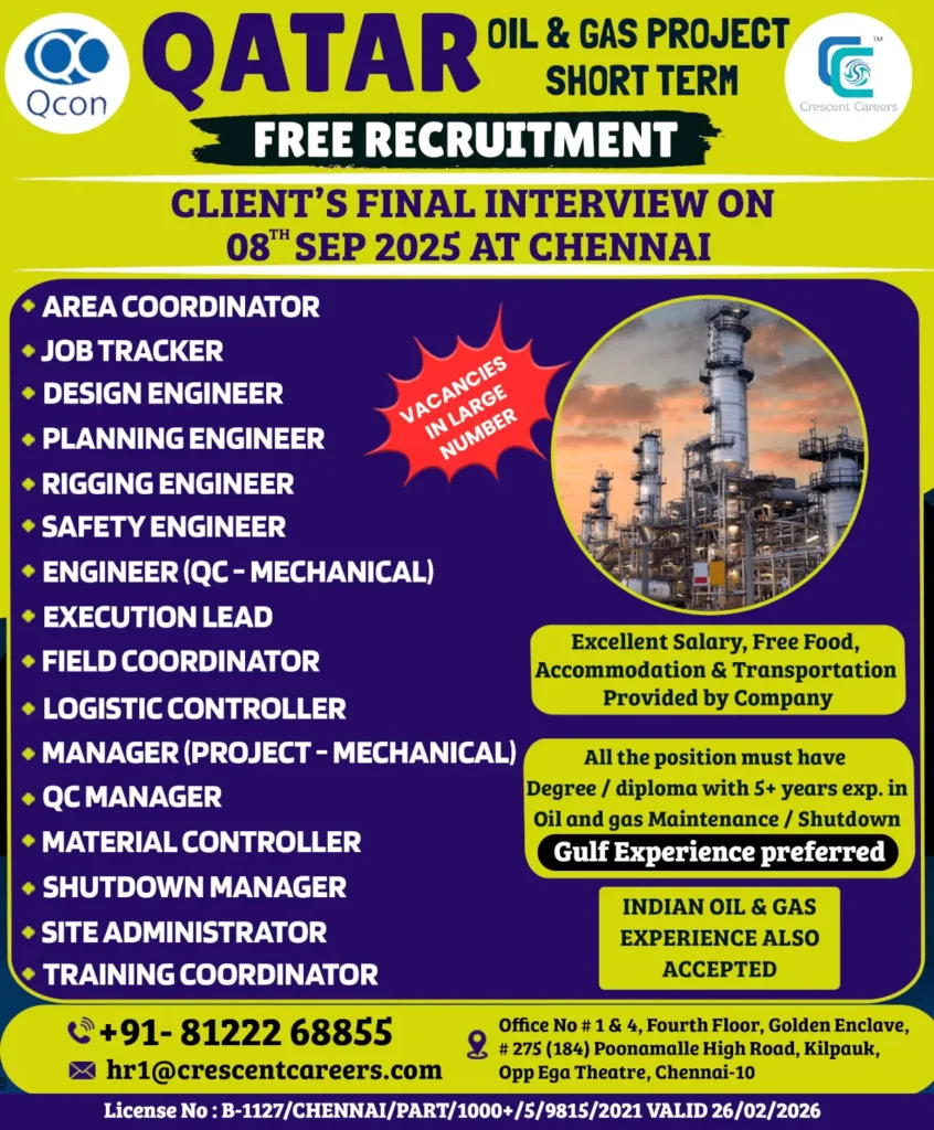 Qatar Oil & Gas Jobs 2025 – Free Recruitment Interview in Chennai