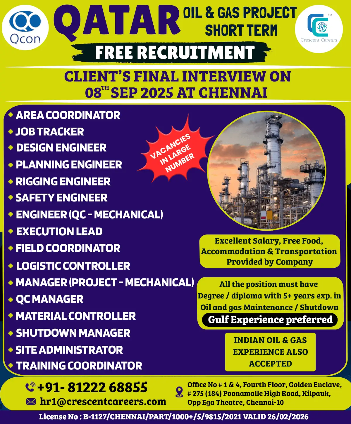 Qatar Oil & Gas Jobs 2025 – Free Recruitment Interview in Chennai