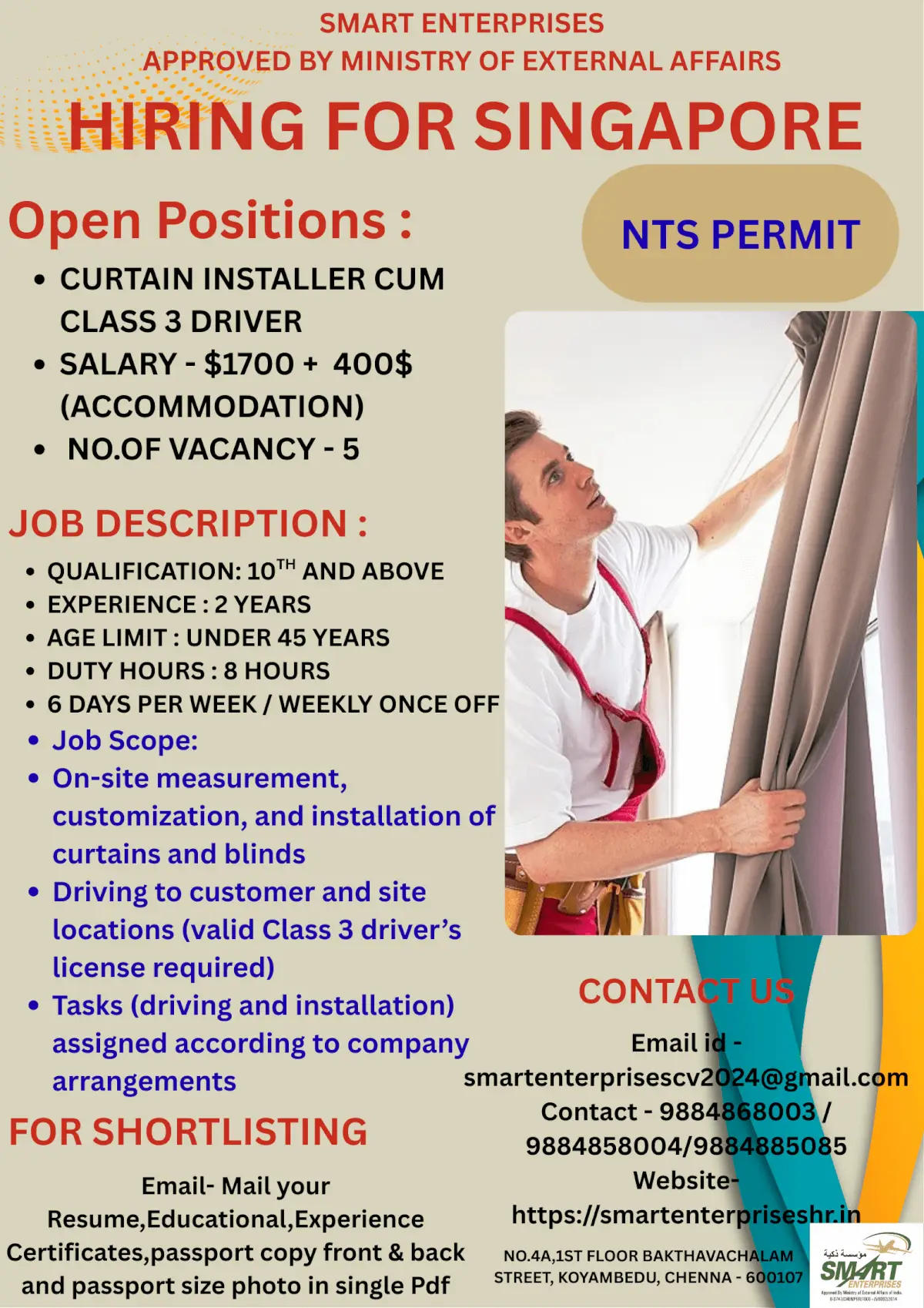 Hiring for Singapore – Curtain Installer Cum Class 3 Driver Jobs 2025