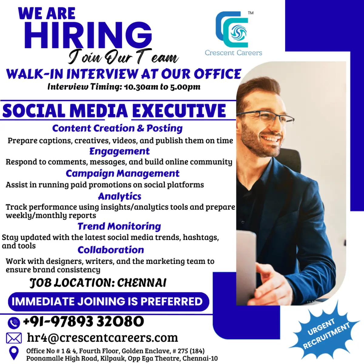 Social Media Executive Jobs in Chennai – Walk-in Interview at Crescent Careers