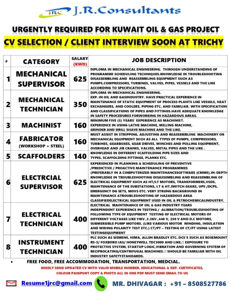Kuwait Oil & Gas Project Jobs – CV Selection & Client Interview at Trichy