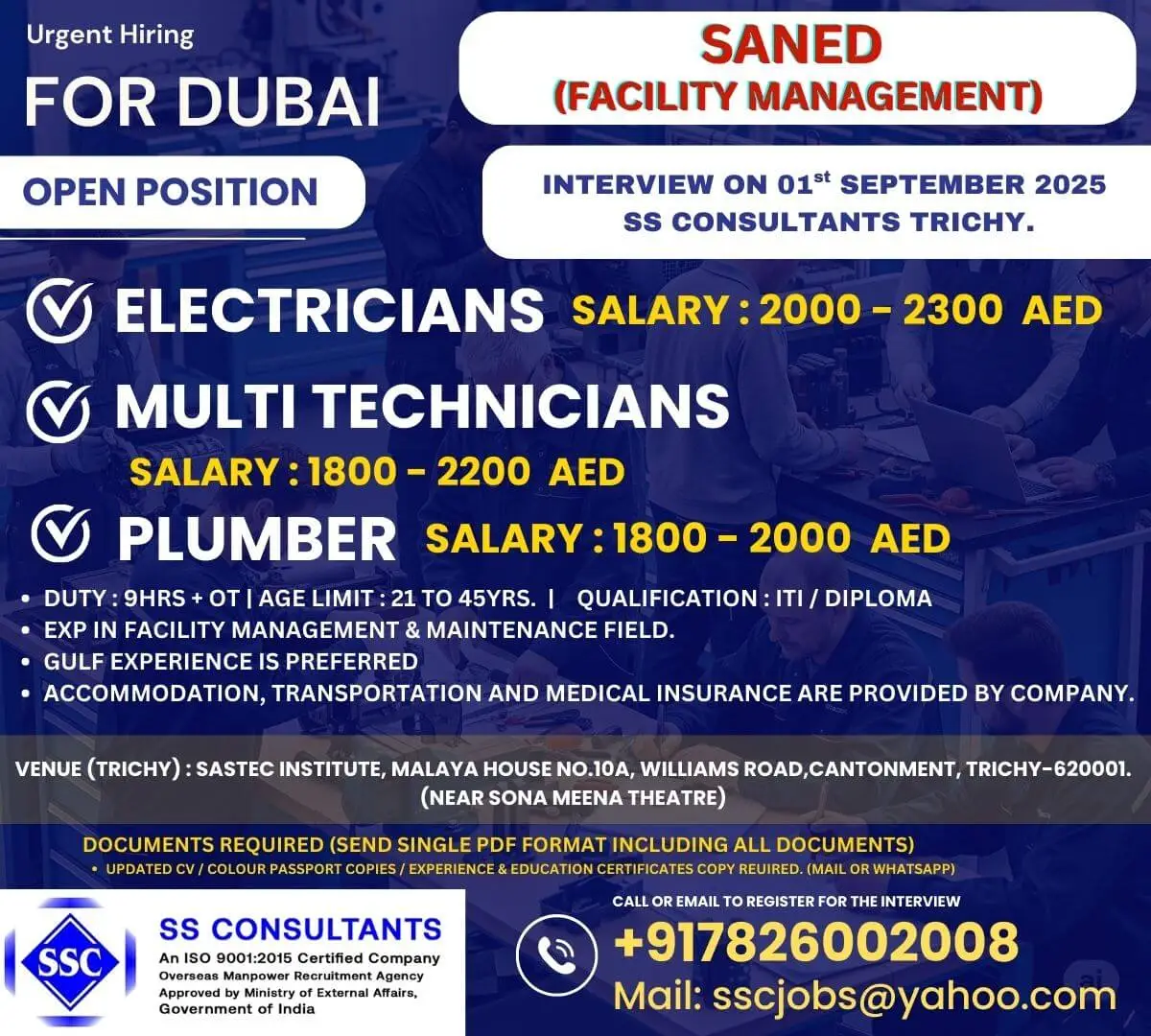 Dubai Facility Management Jobs 2025 – Electricians, Multi Technicians & Plumbers Recruitment