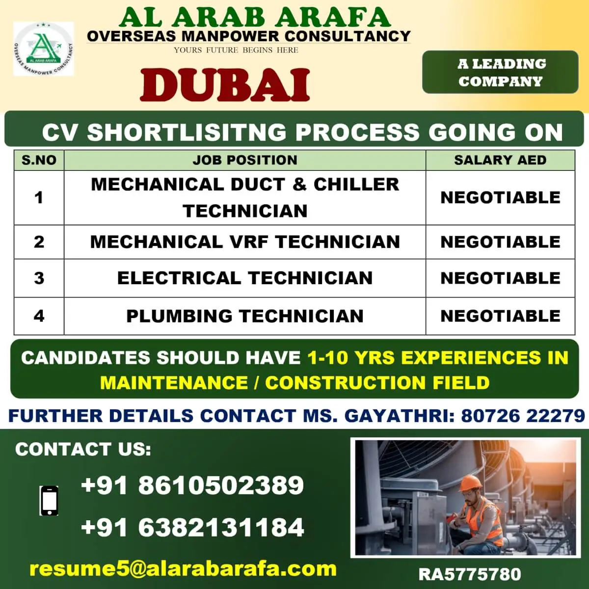 Dubai Technician Jobs 2025 – Apply Now
