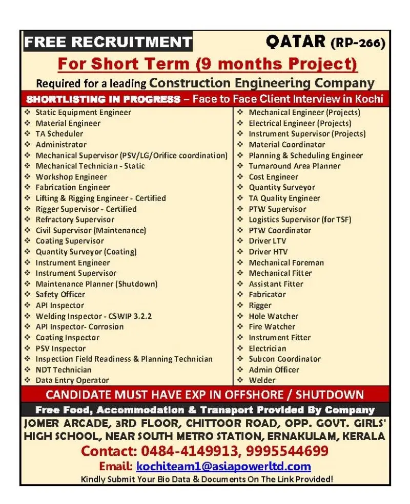 Qatar Jobs: Free Recruitment for 9 Months Project