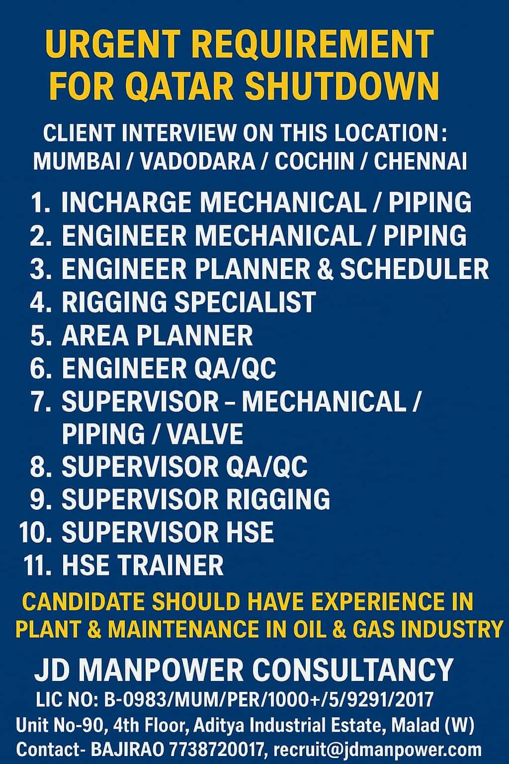 Urgent Requirement for Qatar Shutdown Jobs 2025