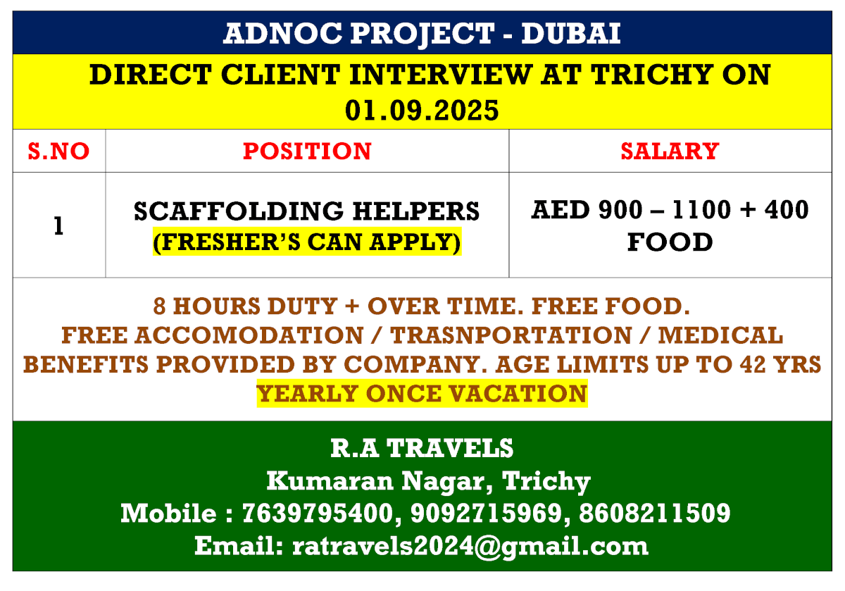 Dubai ADNOC Scaffolding Helpers Jobs – Client Interview in Trichy