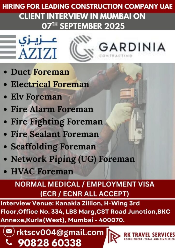 UAE Construction Foreman Jobs Interview in Mumbai 2025
