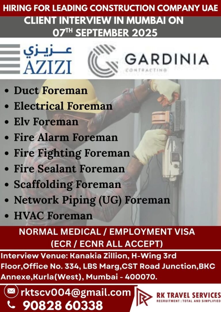 UAE Construction Foreman Jobs Interview in Mumbai 2025