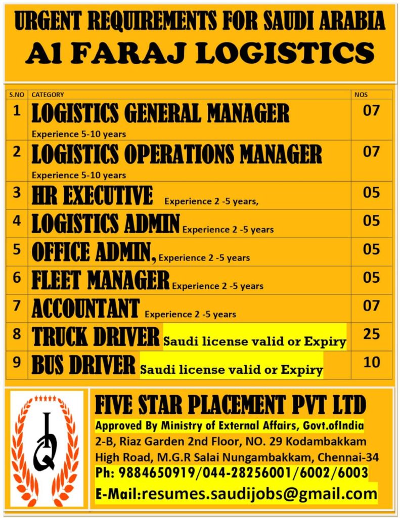 Urgent Requirements for Saudi Arabia – Al Faraj Logistics