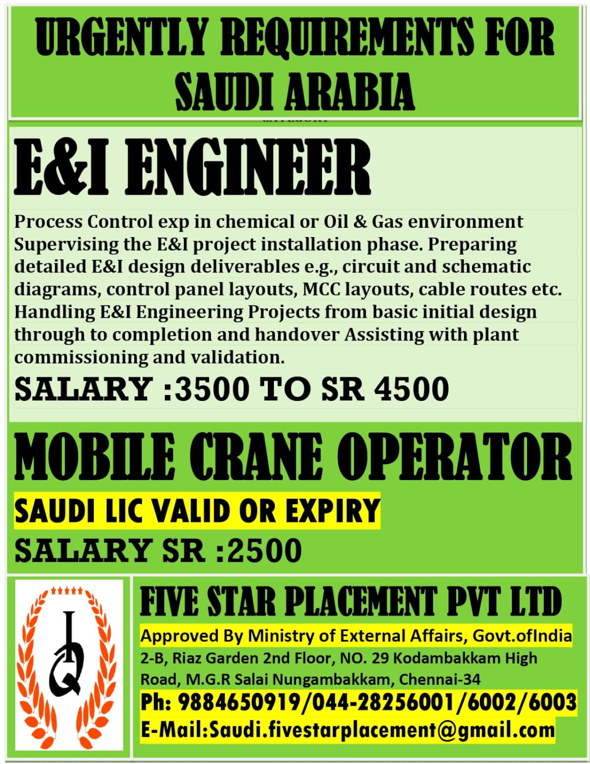 E&I Engineer and Mobile Crane Operator Jobs in Saudi Arabia