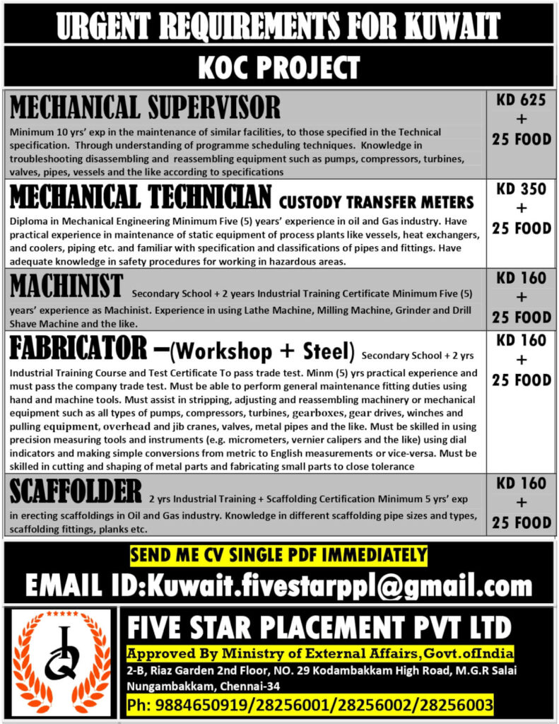 Urgent Requirements for Kuwait KOC Project – Apply Now