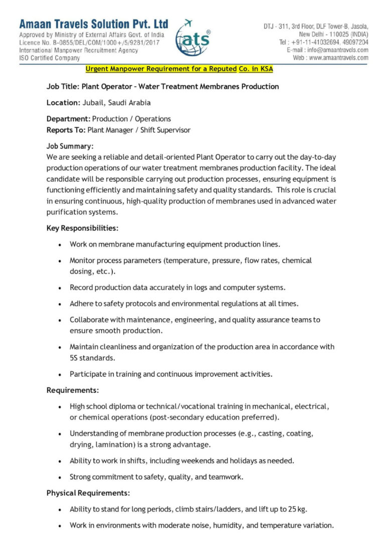 Urgent Requirement: Plant Operator – Saudi Arabia
