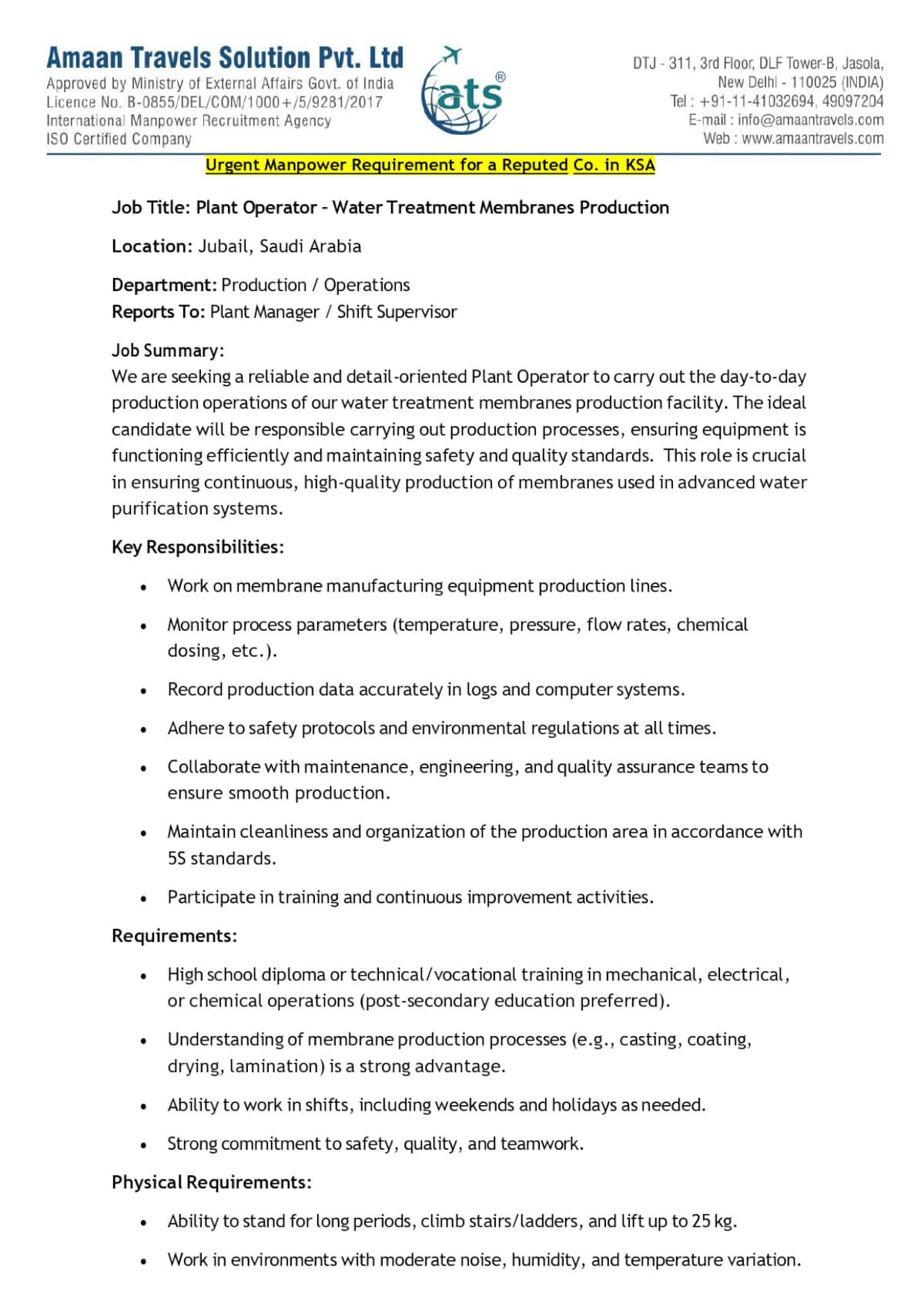 Urgent Requirement: Plant Operator – Saudi Arabia