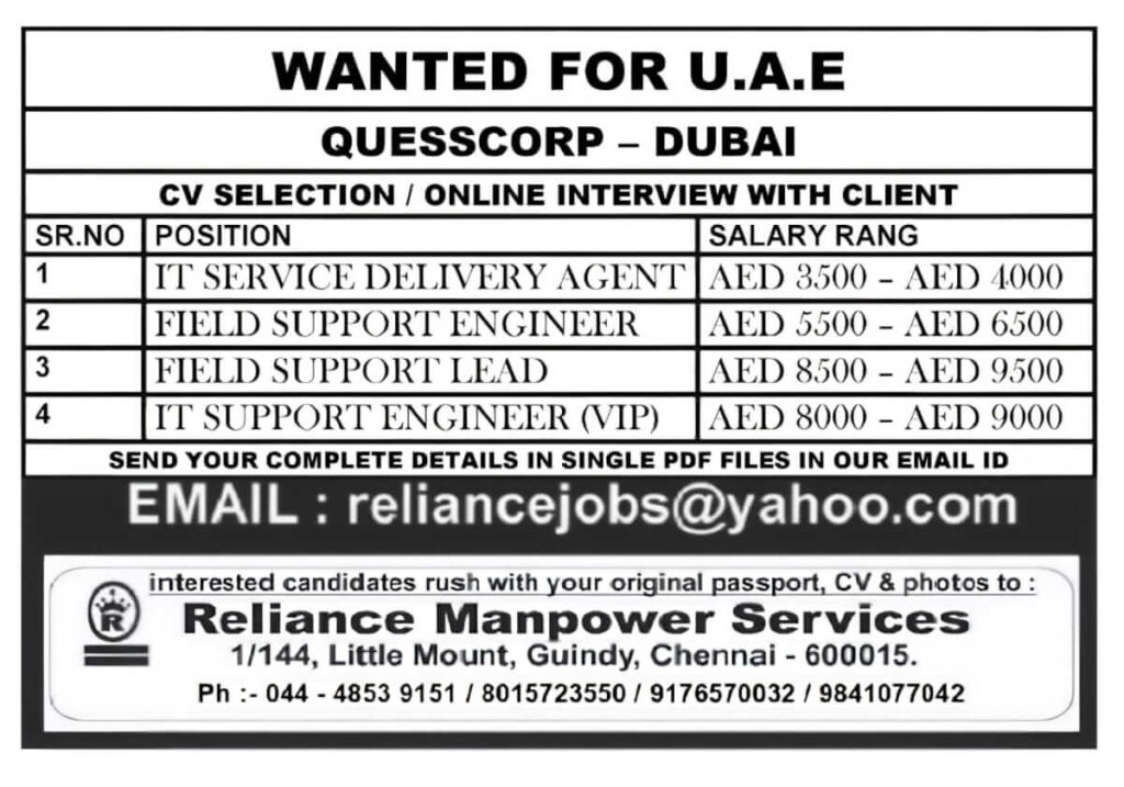 Quesscorp Dubai Hiring for IT Professionals – Apply Now