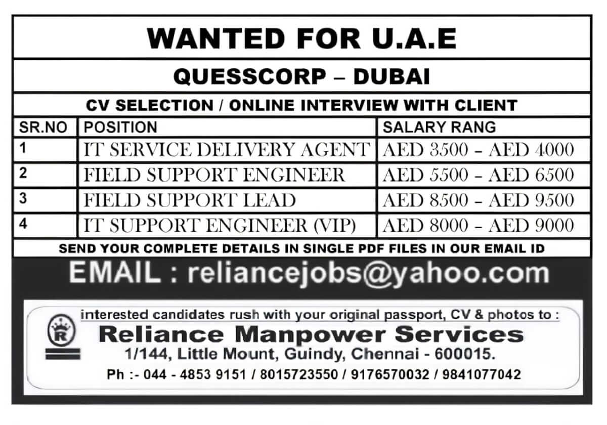 Quesscorp Dubai Hiring for IT Professionals – Apply Now