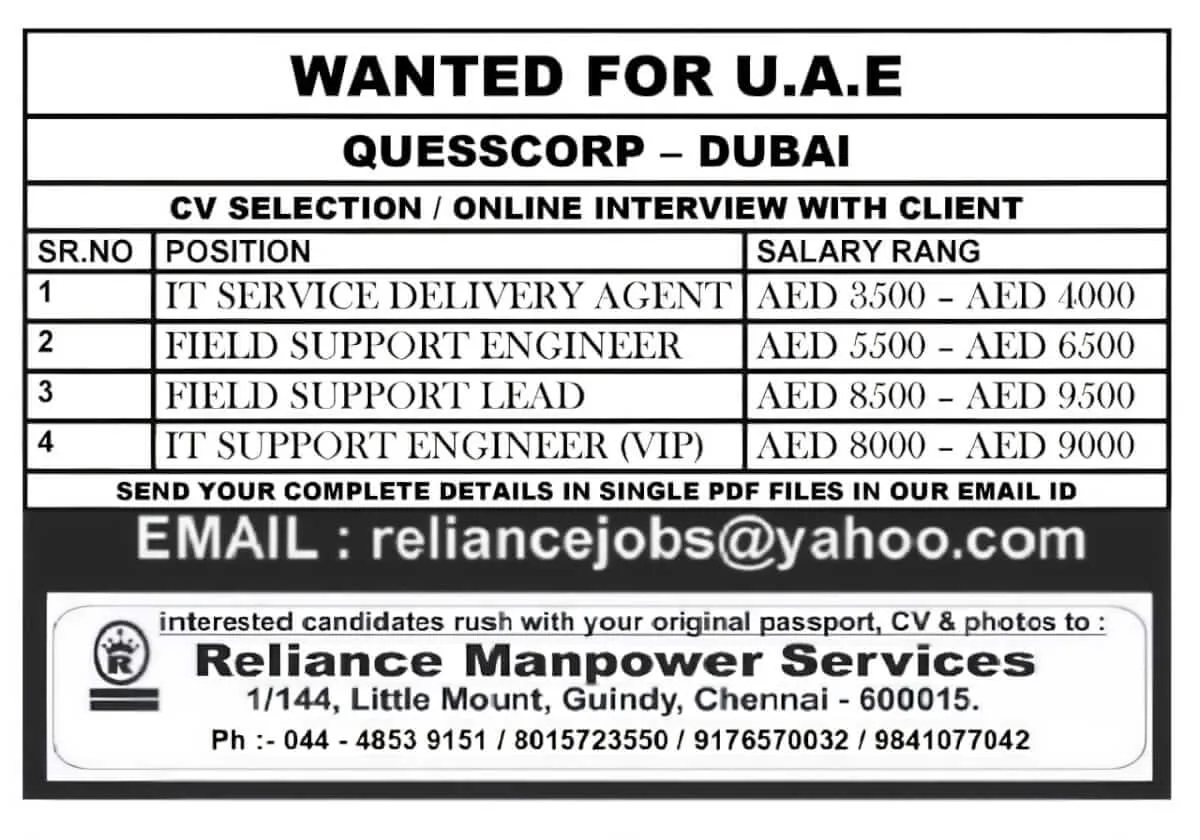 Quesscorp Dubai Hiring for IT Professionals – Apply Now