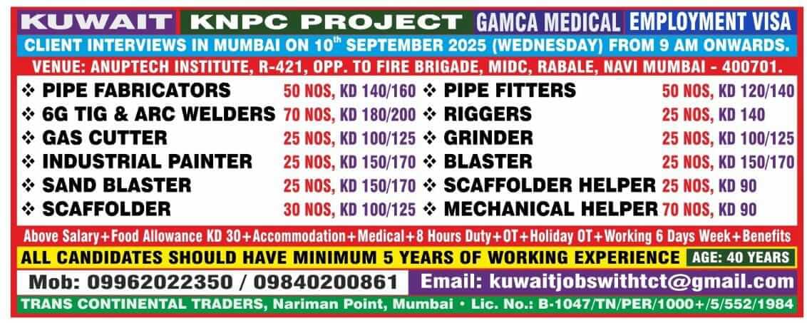 Kuwait KNPC Project Jobs 2025 – Client Interview in Mumbai