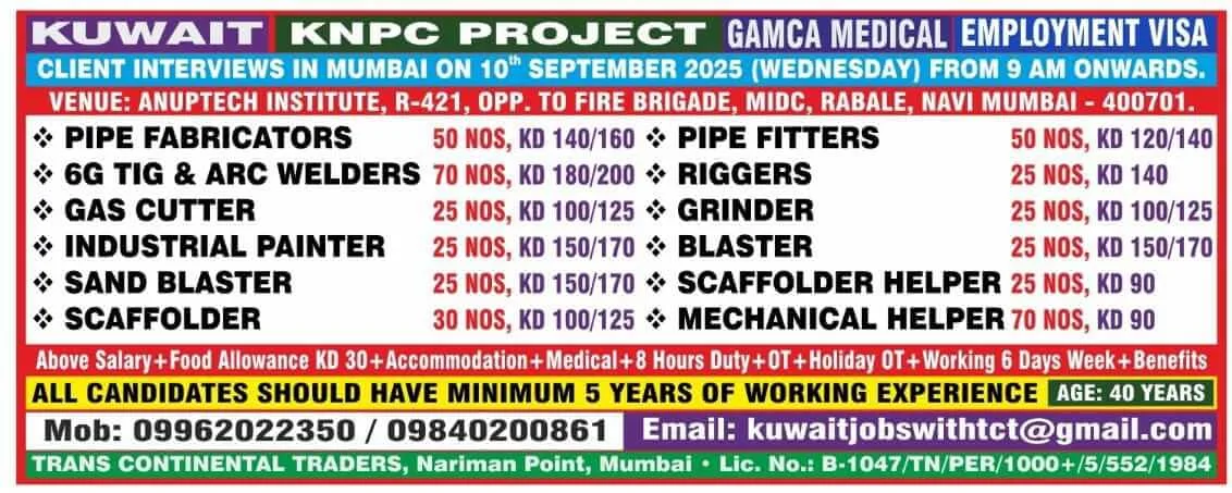 Kuwait KNPC Project Jobs 2025 – Client Interview in Mumbai