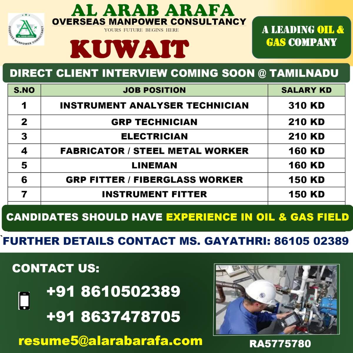 Kuwait Oil & Gas Jobs 2025 – Direct Client Interview in Tamil Nadu