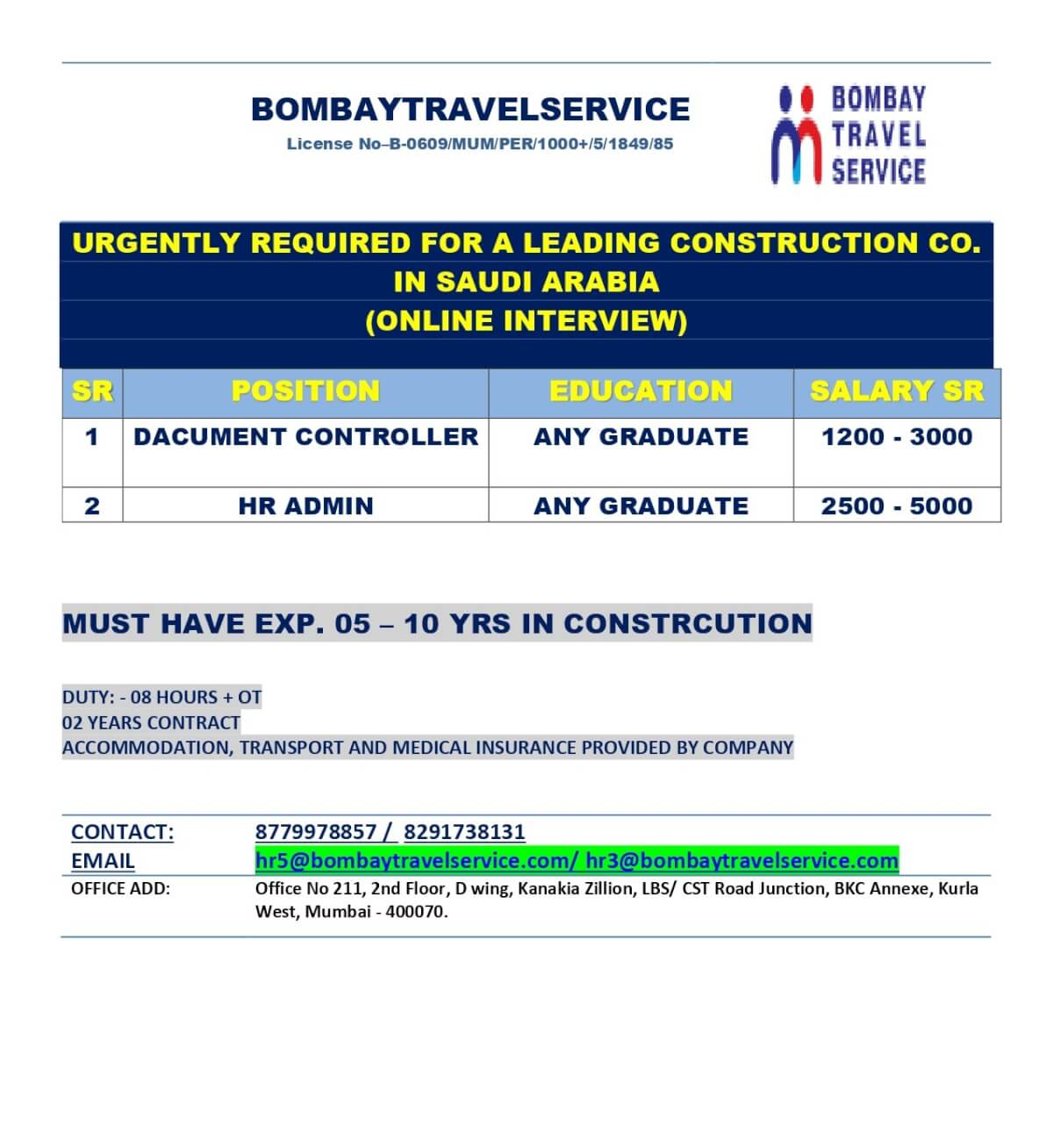 Urgently Hiring for Leading Construction Company in Saudi Arabia