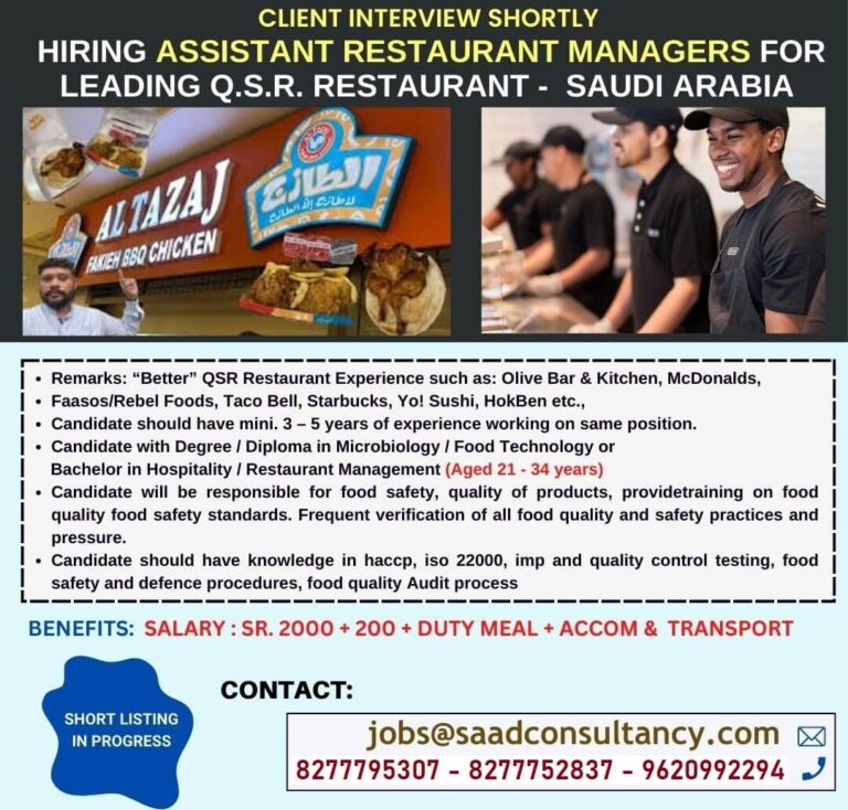 Assistant Restaurant Manager Jobs in Saudi Arabia – QSR Hiring 2025