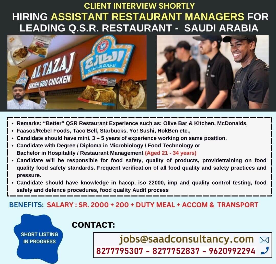 Assistant Restaurant Manager Jobs in Saudi Arabia – QSR Hiring 2025