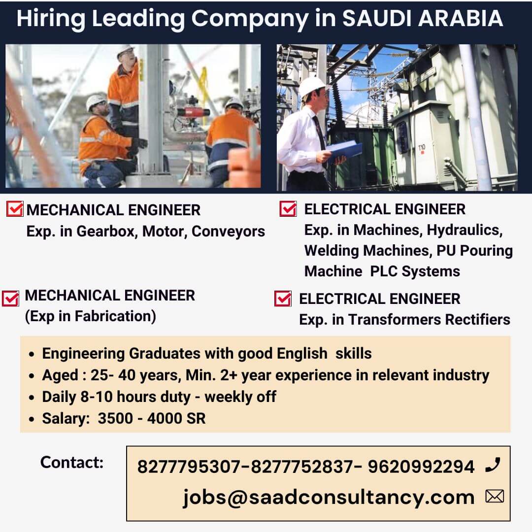 Saudi Arabia Hiring: Mechanical & Electrical Engineer Jobs 2025
