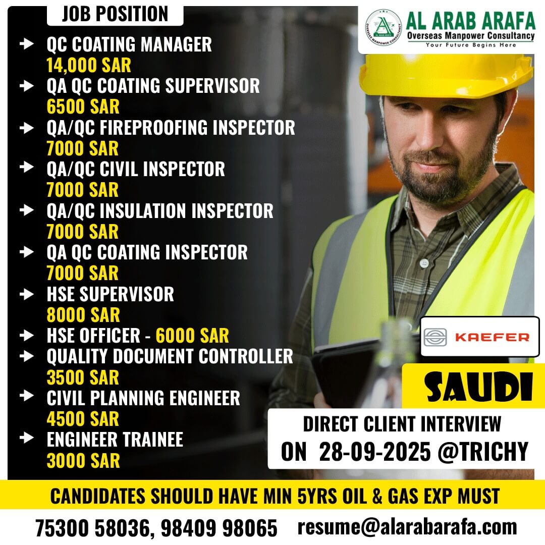 Saudi Arabia Job Vacancies – Direct Client Interview in Trichy