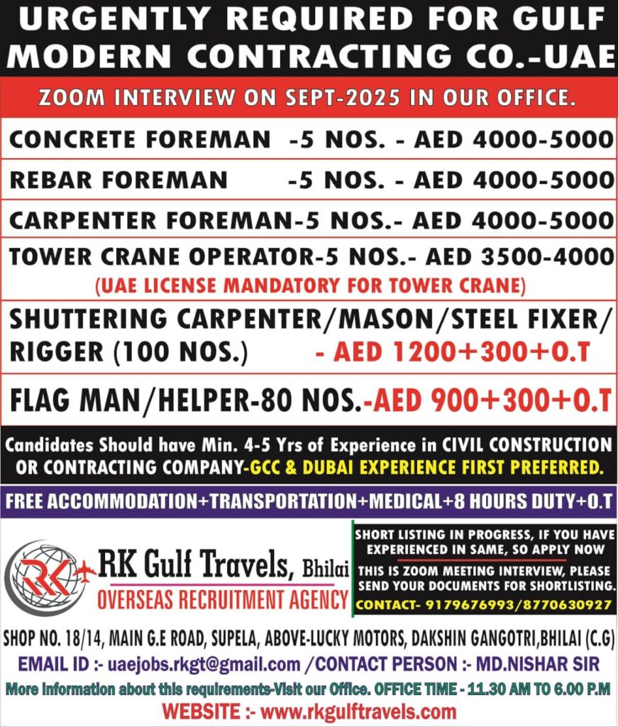 Gulf Modern Contracting Co UAE Jobs – Urgent Recruitment 2025