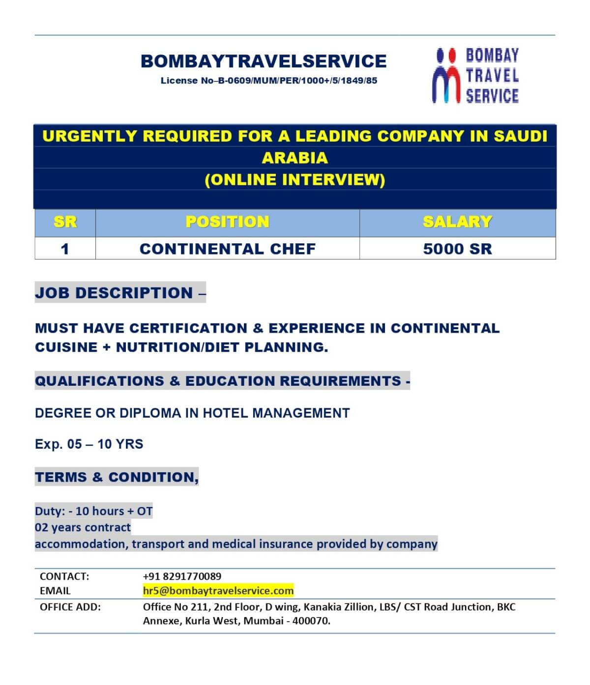 Continental Chef Jobs in Saudi Arabia
