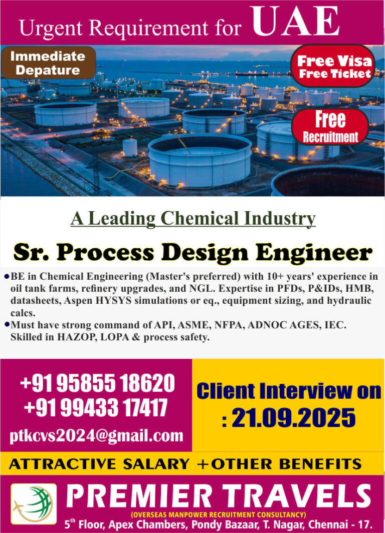 Urgent Requirement for UAE Sr. Process Design Engineer